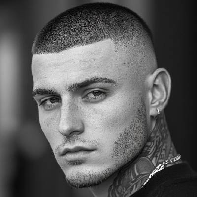 Black and white image of a man with a buzz fade haircut, showing a sharp, clean fade with short sides and a slightly longer top.