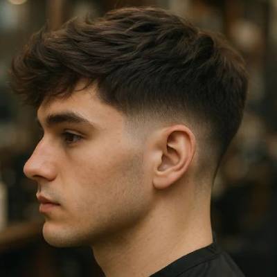 A man with a fade cut hairstyle, featuring short, tapered sides and textured, slightly longer hair on top styled with volume.