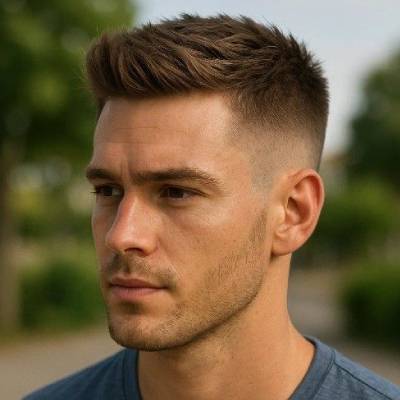 A man with a short quiff hairstyle, featuring a clean fade on the sides and voluminous, textured hair styled upwards at the front for a sharp, modern look.