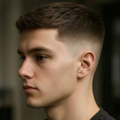 A man with a tapered cut hairstyle, featuring short, faded sides that gradually transition into slightly longer hair on top for a clean and polished look.