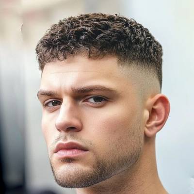 A man with a textured crop hairstyle, featuring short, curly hair on top and a clean fade on the sides, offering a fresh and edgy look.