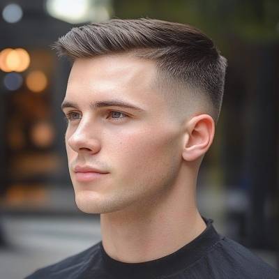 A man with a sleek Ivy League haircut, featuring short sides and a neatly styled, slightly longer top with a clean fade.