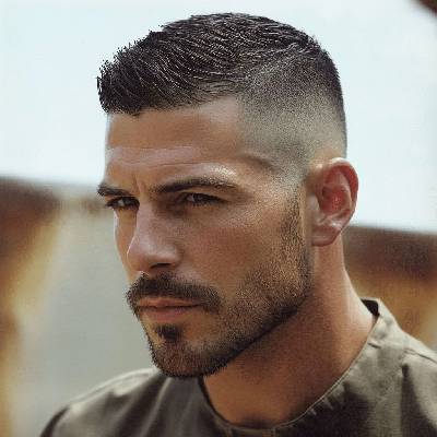 A man with a military-inspired high and tight haircut, featuring short sides fading into a longer, textured top.