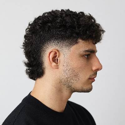 Curly mullet fade hairstyle with textured curls on top and a clean fade on the sides, offering a bold and modern look.