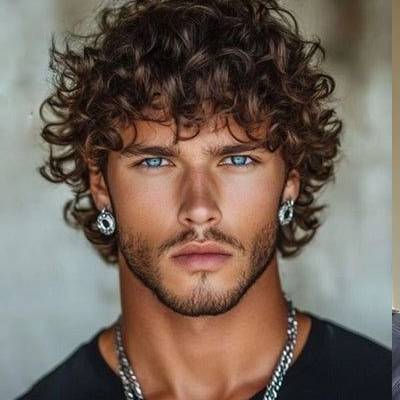 Curly shag haircut with textured, voluminous curls and a rugged look, giving a bold and stylish appearance for men.