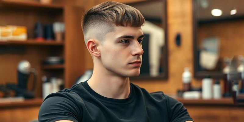 Ein Mann mit einem modernen französischen Kurzhaarschnitt, der sich durch kurze, ausrasierte Seiten und einen strukturierten Pony auszeichnet, sitzt in einem Friseursalon.