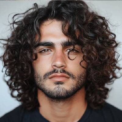 Long curly hair with a center part, creating a voluminous and natural look with a rugged vibe for men."

Let me know if you'd like any adjustments!