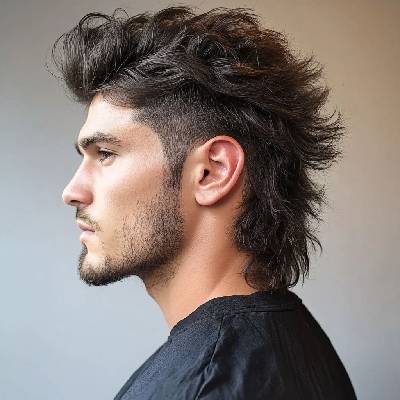 Shaggy mullet hairstyle with voluminous layers on top and a clean fade on the sides, offering a bold, textured look with a modern twist.