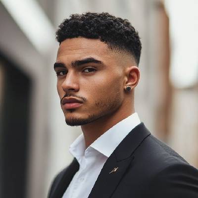 Curly buzz cut with a clean fade, styled with texture for a sharp and sophisticated look on a man in a suit.