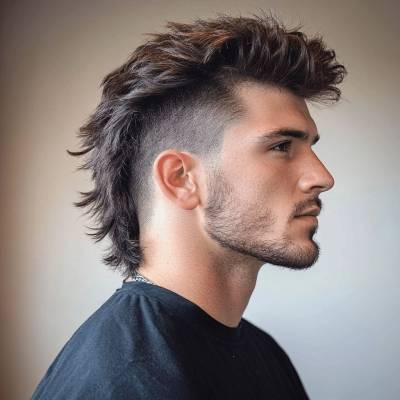 A side view of a modern mullet hairstyle, where the hair at the back is styled with volume and the sides are faded