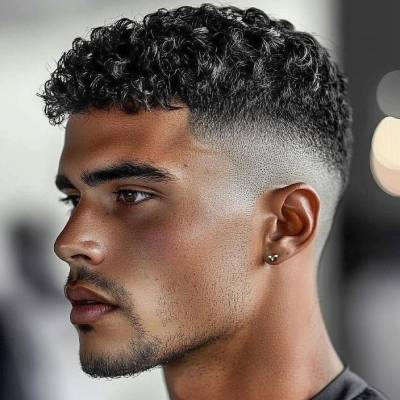 Curly crop with fade hairstyle, featuring tight curls on top and a clean fade on the sides, creating a stylish, modern look for men.