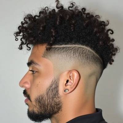 A man rocking a voluminous curly pompadour haircut with neatly styled curls on top and a fade on the sides.

