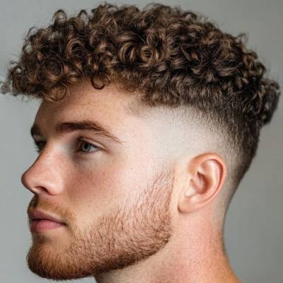 El hombre en la imagen tiene un corte de cabello con rizos en la parte superior y un desvanecimiento en los lados. Su estilo está acompañado de una barba bien cuidada.








