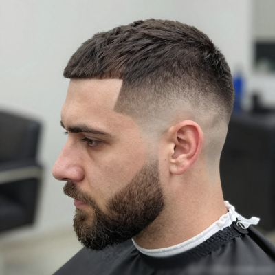 „Seitenansicht eines jungen Mannes mit präzisem High-Fade-Haarschnitt, kurzem Textur-Top und sauber getrimmtem Bart im Barbershop