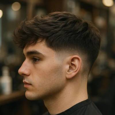 "Messy Crop mit Low Fade Undercut, moderne Männerfrisur mit strukturiertem Oberhaar und natürlichem Look."

