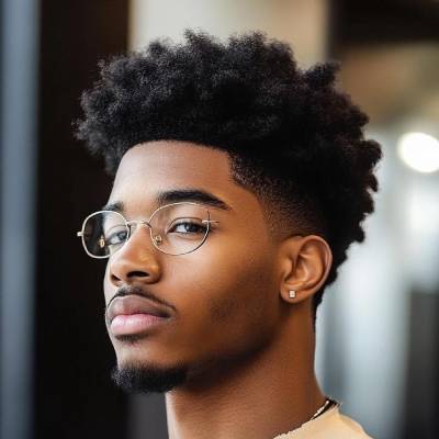 Neat afro haircut with voluminous natural curls, paired with a clean fade on the sides and stylish glasses, offering a sharp and trendy look.