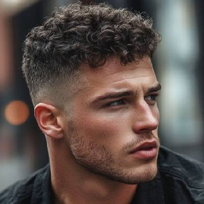 A man with a short curly fringe hairstyle, featuring defined curls on top and a clean fade on the sides.