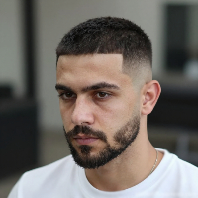 Hombre con corte francés corto, con los lados desvanecidos y el flequillo recto en la parte superior, creando un look fresco y minimalista