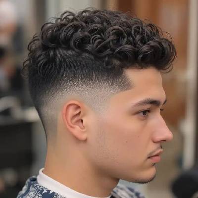 A man with a textured crop curly haircut, featuring tight curls on top and a clean fade on the sides.