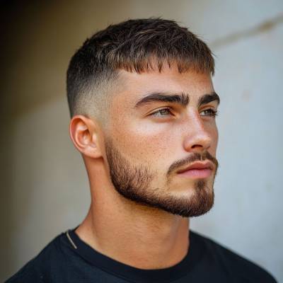 Hombre con un corte de cabello francés clásico, con flequillo corto y lados desvanecidos, luciendo un look elegante y pulido