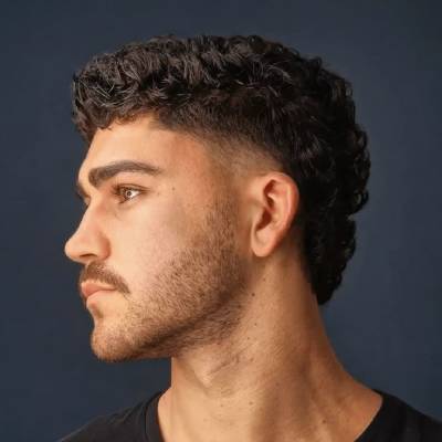 A man with a unique French crop mullet, featuring a cropped fringe and longer hair at the back, paired with faded sides.