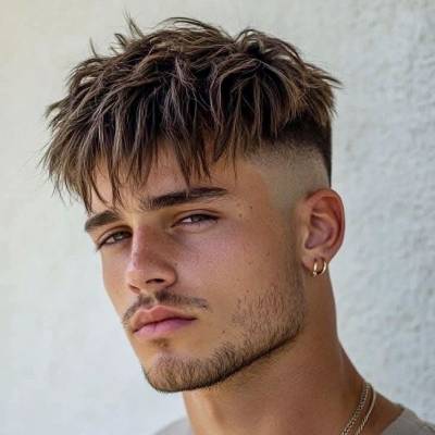 Ein junger Junge mit langem French-Crop-Haarschnitt blickt ruhig nach vorn.