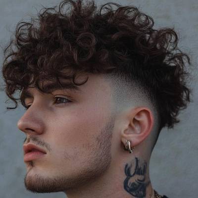 A man with a messy curly haircut, featuring voluminous curls on top and a clean fade on the sides.