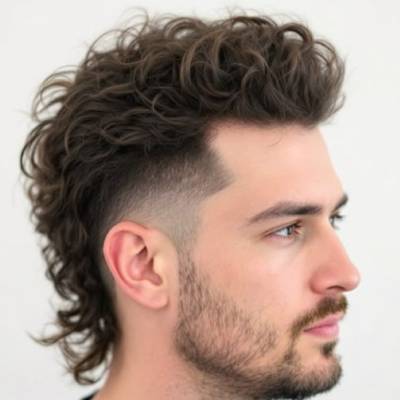 während das Haar oben und hinten voluminös und lockig bleibt, was dem Haarschnitt einen weichen, fluffigen Look verleiht. Der Mann hat einen gepflegten Bart und trägt einen schlichten, modernen Stil.


