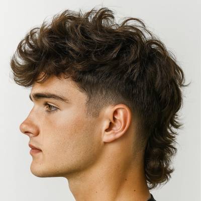 Seiten sind sehr kurz geschnitten und verblassen sanft, während das Haar oben voluminös bleibt und lockig gestylt wurde. Der Mann trägt einen modernen Look und hat einen gepflegten Stil.


