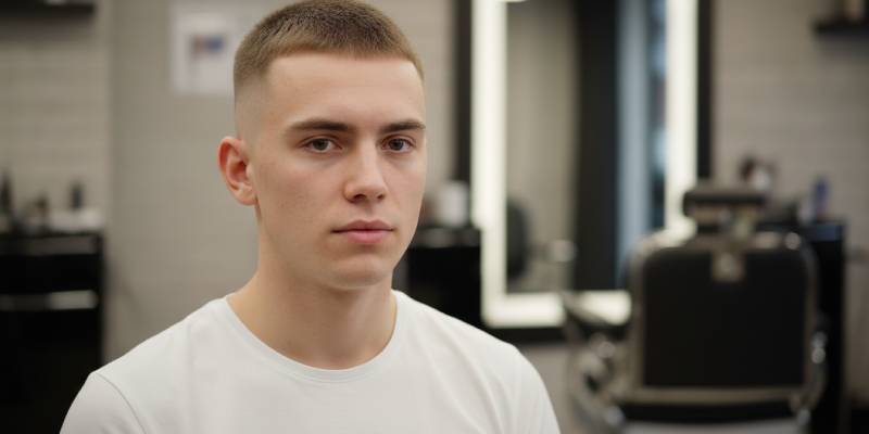 Buzz Cut Herrenfrisur, moderne, sehr kurze Haarschnitt-Frisur für einen sauberen, pflegeleichten Look.