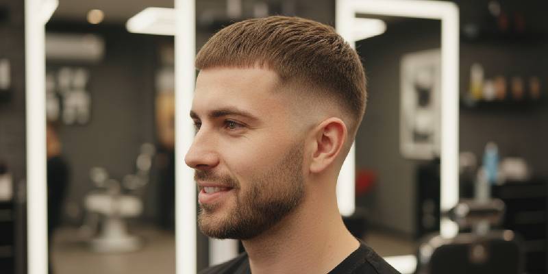 "Caeser Cut Männerfrisur, kurze, strukturierte Haarschnitte für einen maskulinen und eleganten Look.