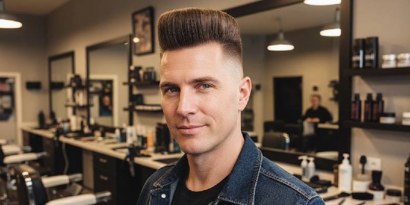 Flat Top Herrenfrisur, ikonischer Look mit geradem Oberhaar und kurzen Seiten für einen markanten und modernen Stil.
