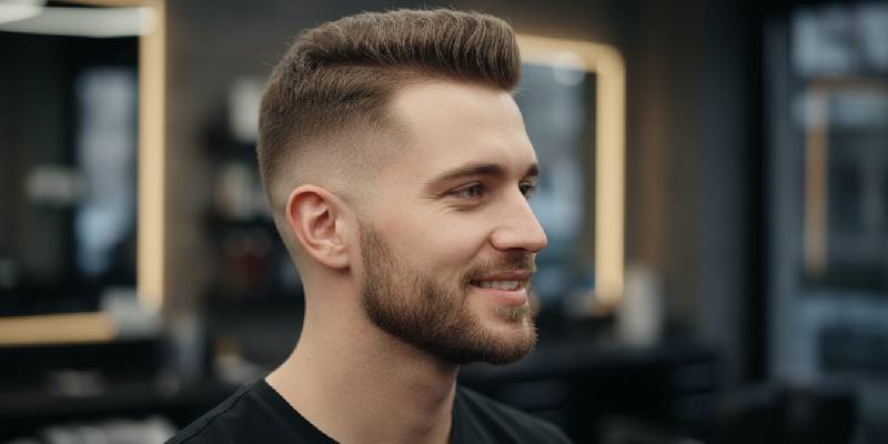 Militär Cut Frisur, pflegeleichte, rasierte Seiten und kurzes Oberhaar für einen professionellen Look.