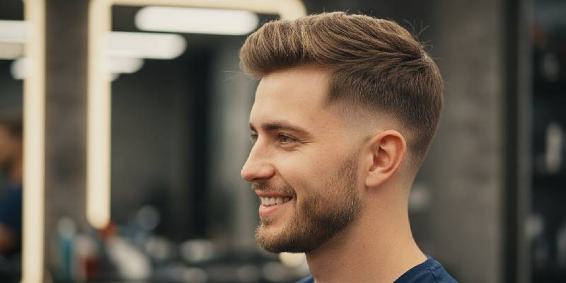 Modern Ivy League Cut für Herren, klassischer und stilvoller Haarschnitt mit kurzen Seiten und etwas längerem Oberhaar.