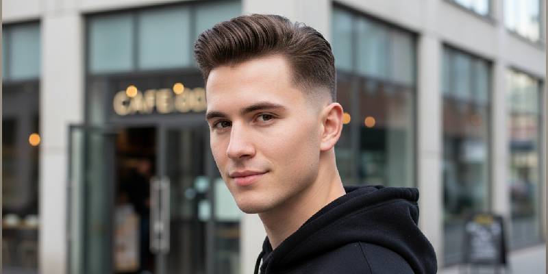 hort Pompadour Herrenfrisur, moderne Variante mit voluminösem Oberhaar und kurzen Seiten für einen stilvollen und eleganten Look.