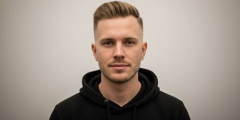 Short Quiff Herrenfrisur, moderner Haarschnitt mit voluminösem Oberhaar und kurzen Seiten für einen eleganten und dynamischen Look.
