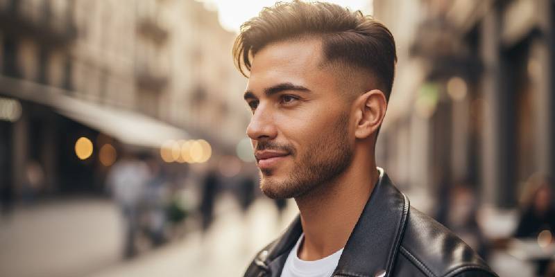 Undercut Herrenfrisur, moderner Look mit kurzem Seitenhaar und längerem Oberhaar für einen stilvollen und markanten Auftritt.